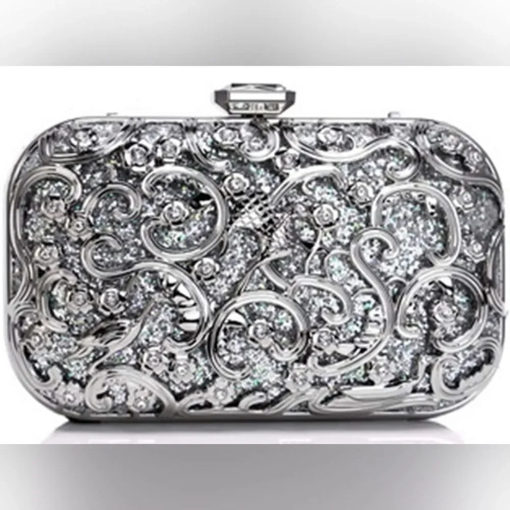 Fawzyia Designer Elegant Silver Clutch Purse Evening Cocktail Wedding Bridal Bag